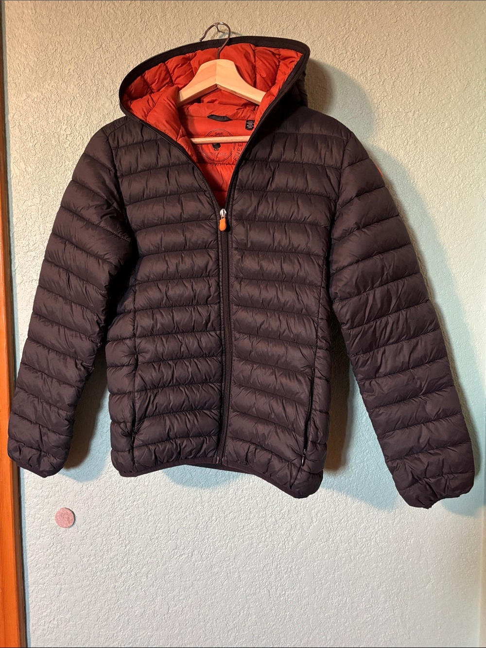 Save the Duck Youth Quilted Hooded Jacket in Black with Orange Lining Size 14